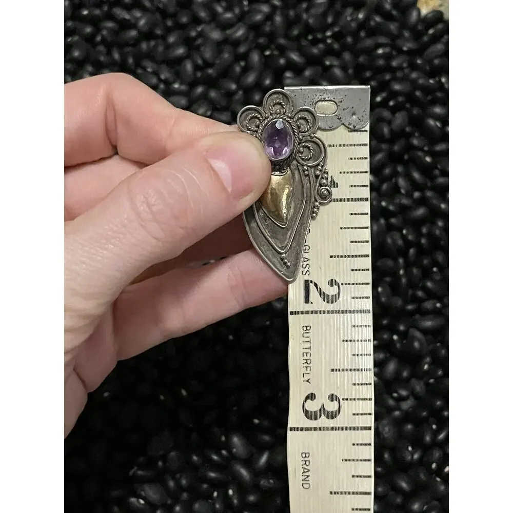 Vintage Sterling Silver & Brass Scroll Pin Brooch Teardrop Cluster Amethyst